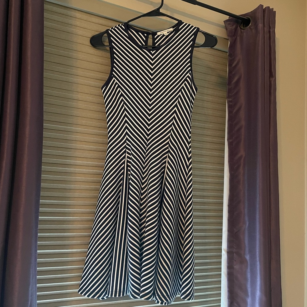 Navy/white diagonal stripes, A-line dress